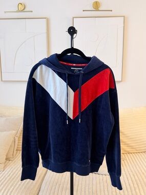 Tommy Hilfiger Sport Velour Colorblock Hoodie Navy Red White XS